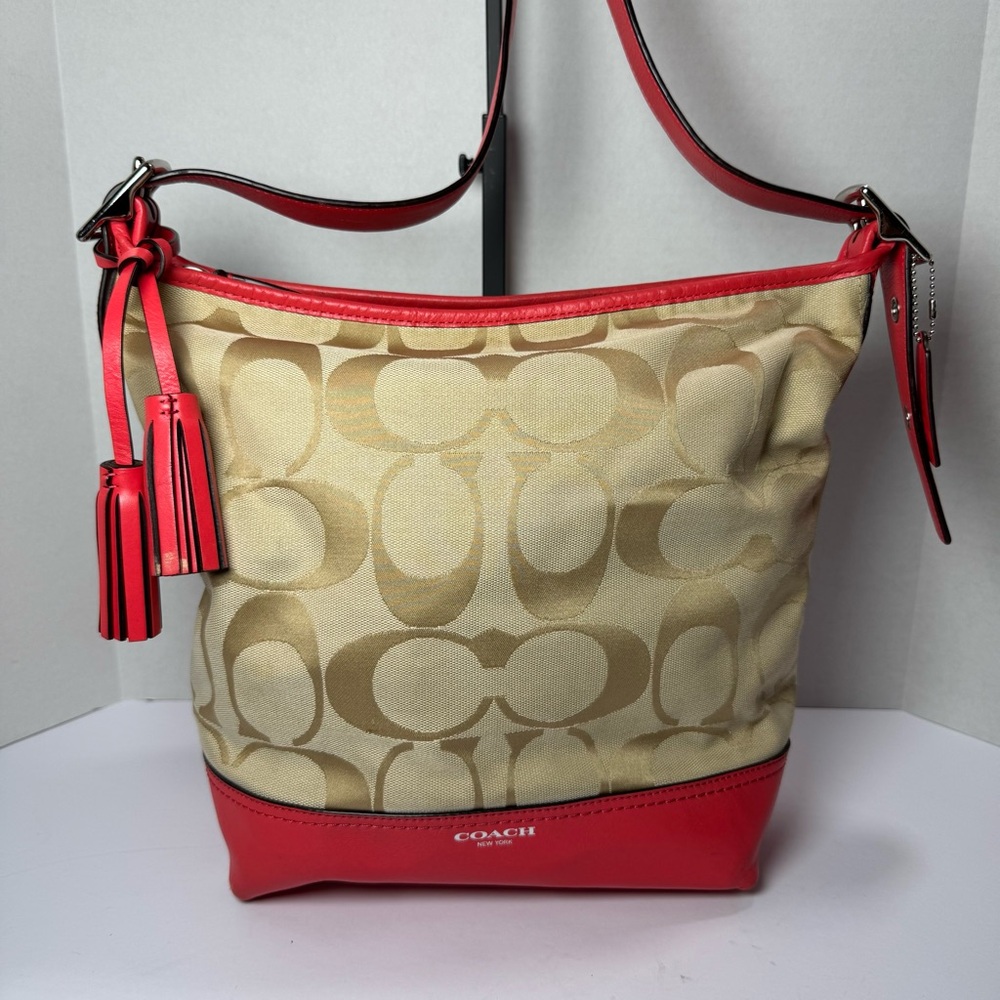 COACH Legacy Signature Hobo Duffel Bag in Khaki and Fuchsia Leather Crossbody